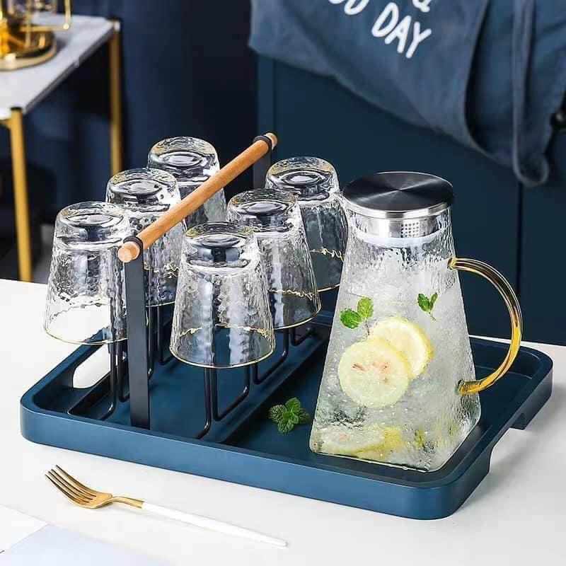Khay úp ly cốc kim loại , Giá úp ly cốc quai gỗ khung inox 304 không gỉ