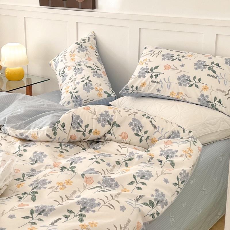Bộ Chăn Ga Gối Côtton Living 100%cotton Hàng Nhập Khẩu Cao Cấp 4 Món Hoa Xanh