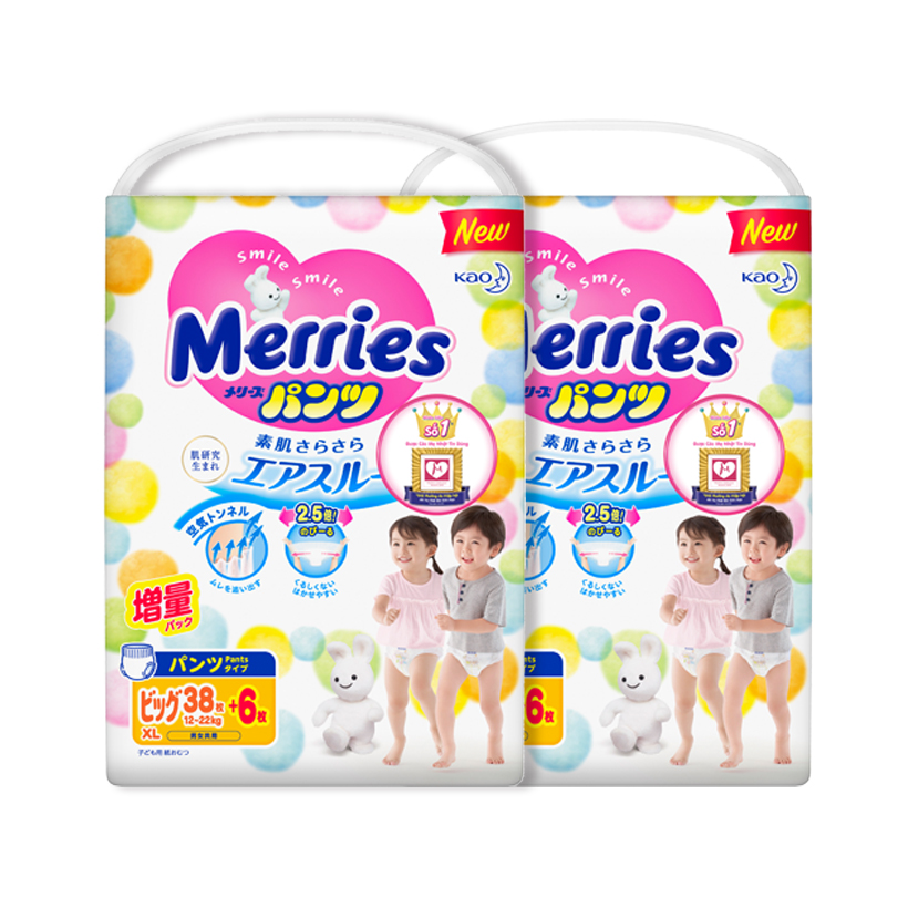 Combo 2 Tã/bỉm quần Merries size XL - 38 + 6 miếng (Cho bé 12 - 22kg)