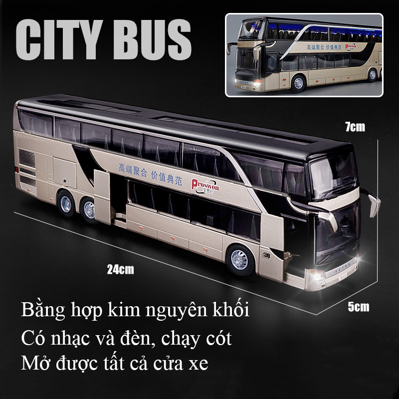 Mô hình xe bus 2 tầng đường dài  KAVY-82 chở khách bằng hợp kim có nhạc và đèn mở được tất cả cánh cửa