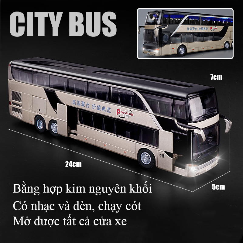 Mô hình xe bus 2 tầng đường dài KAVY-82 chở khách bằng hợp kim có nhạc và đèn mở được tất cả cánh cửa