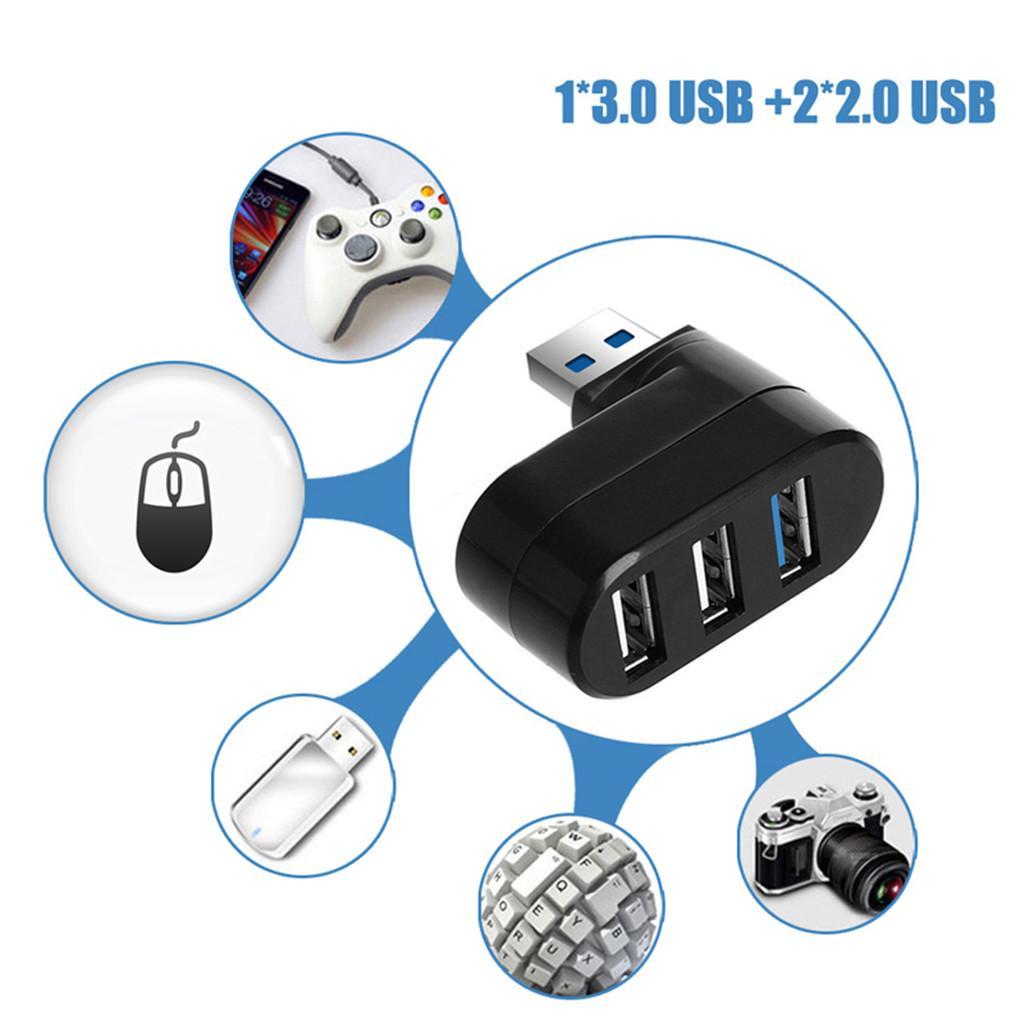 2X 180 Degree Rotatable 3 Ports HUB USB 3.0 + 2 USB 2.0 Adapter Splitter Black