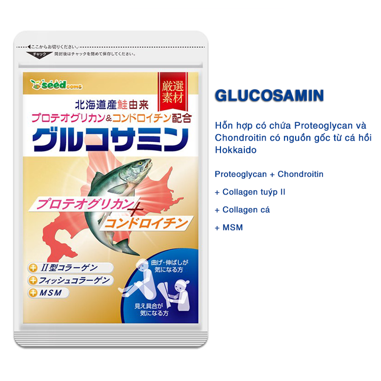 Viên Uống Bổ Xương Khớp Glucosamine Chứa Proteoglycan và Chondroitin Từ Cá Hồi Hokkaido Seedcoms Nhật Bản