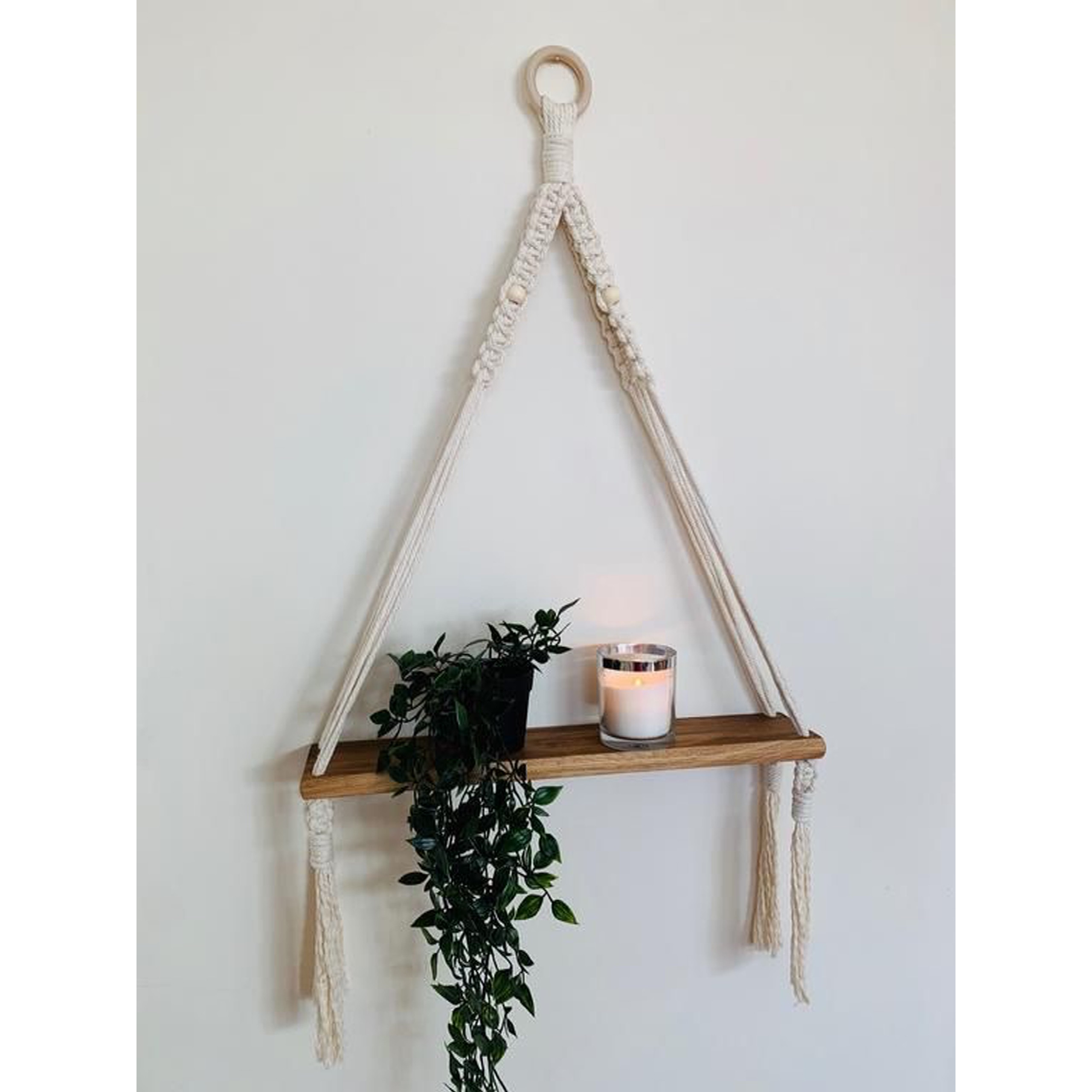 Kệ gỗ trang trí treo tường được bằng dây cotton xoắn kết hợp hạt gỗ, màu nâu , Kệ tết dây thủ công. KT 40x15cm. KG23321