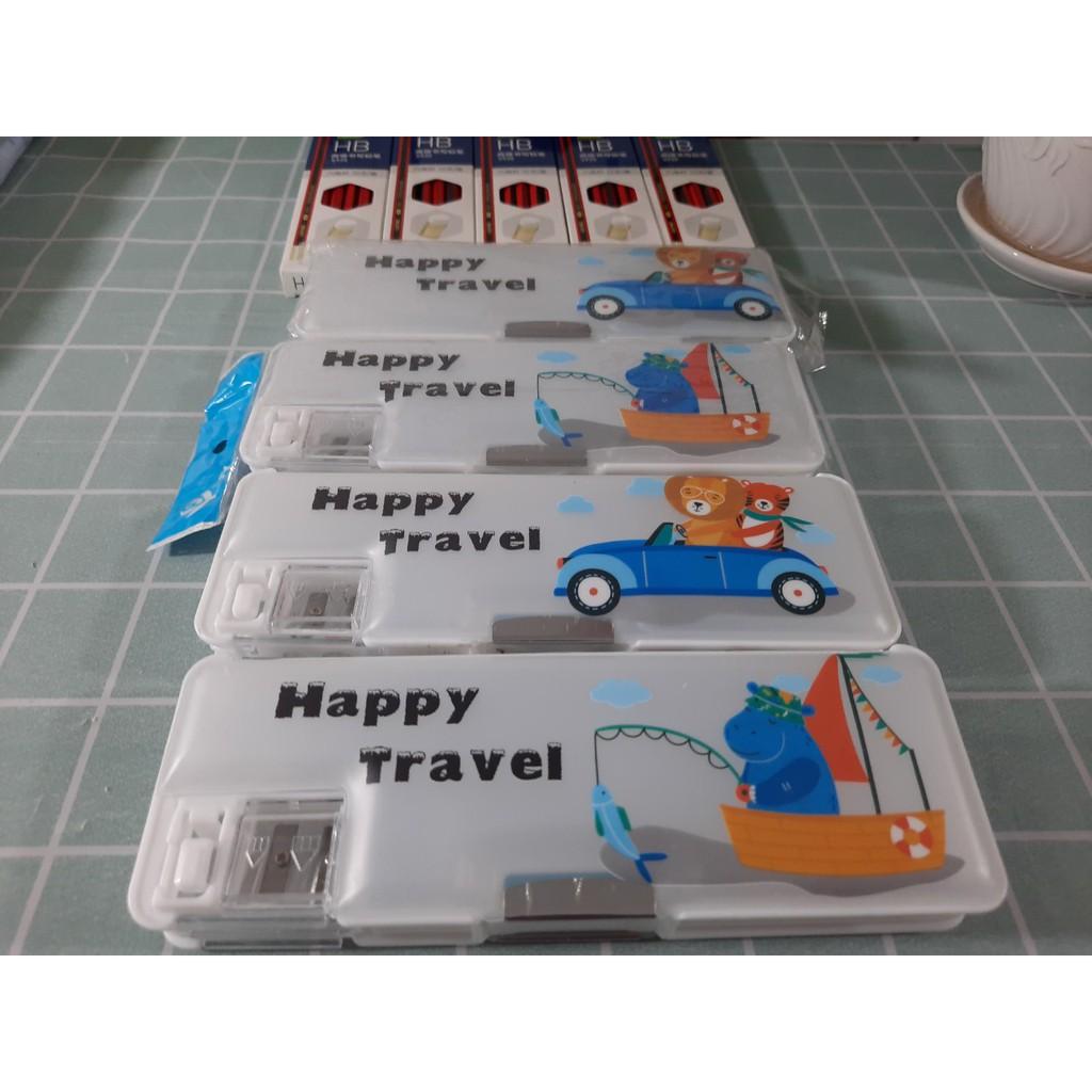 Hộp bút nhựa 2 ngăn kèm gọt bút mẫu HAPPY TRAVEL, hộp đựng bút cho bé