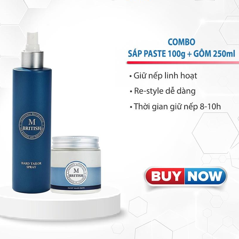 Combo Sáp vuốt tóc BRITISH M Dandy Hard Paste 100g và Gôm xịt tóc cho nam nữ BRITISH M Hard Tailor Spray 250ml