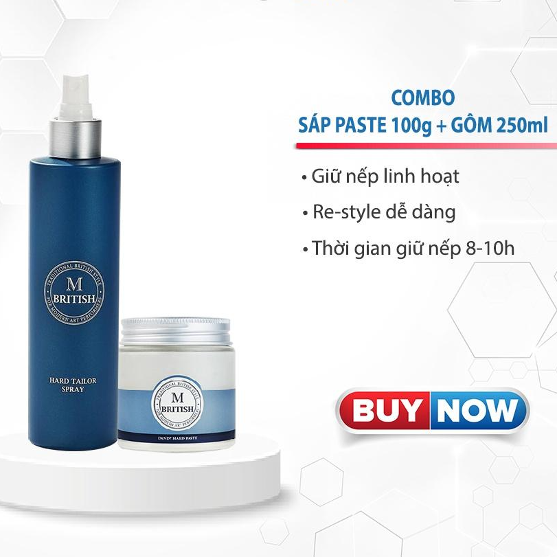 Combo Sáp vuốt tóc BRITISH M Dandy Hard Paste 100g và Gôm(keo) xịt tóc cho nam nữ BRITISH M Hard Tailor Spray 250ml