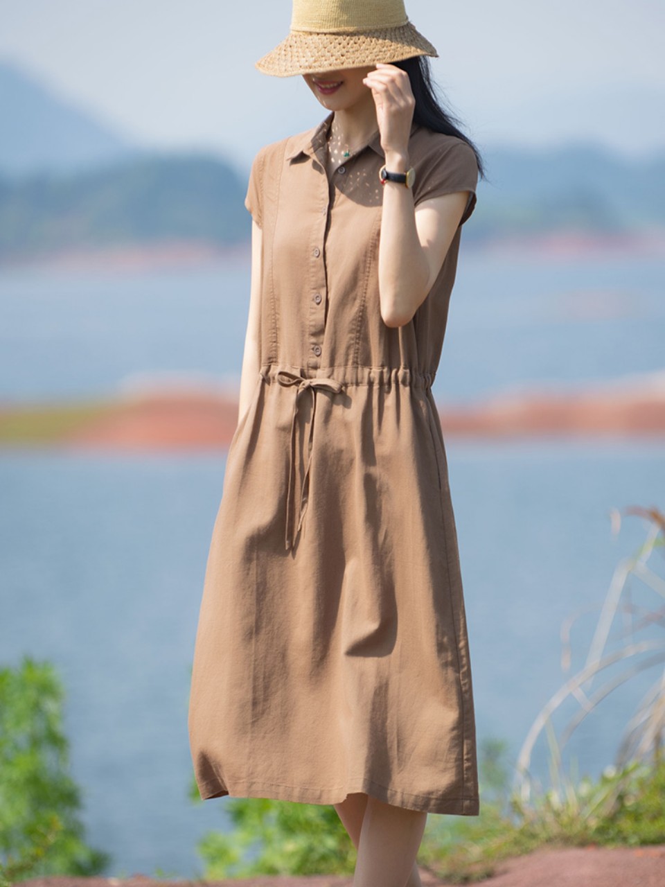 Đầm Suông Linen Cổ Đức,Váy Sơ mi Công Sở, Dạo Phố Đũi Việt - Phong Cách Thời Trang Hàn Quốc