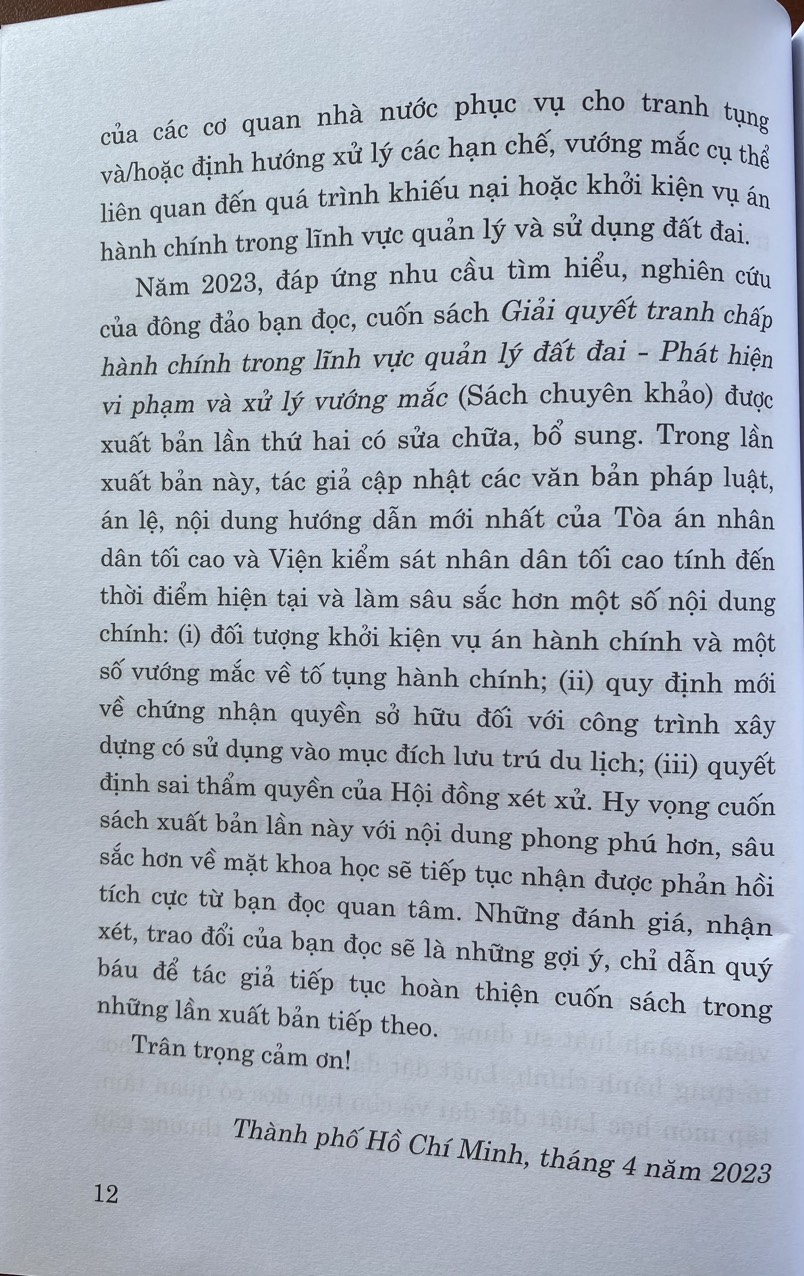 Giải quyết tranh chấp hành chính trong lĩnh vực quản lý đất đai - Phát hiện vi phạm và xử lý vướng mắc (Sách chuyên khảo)