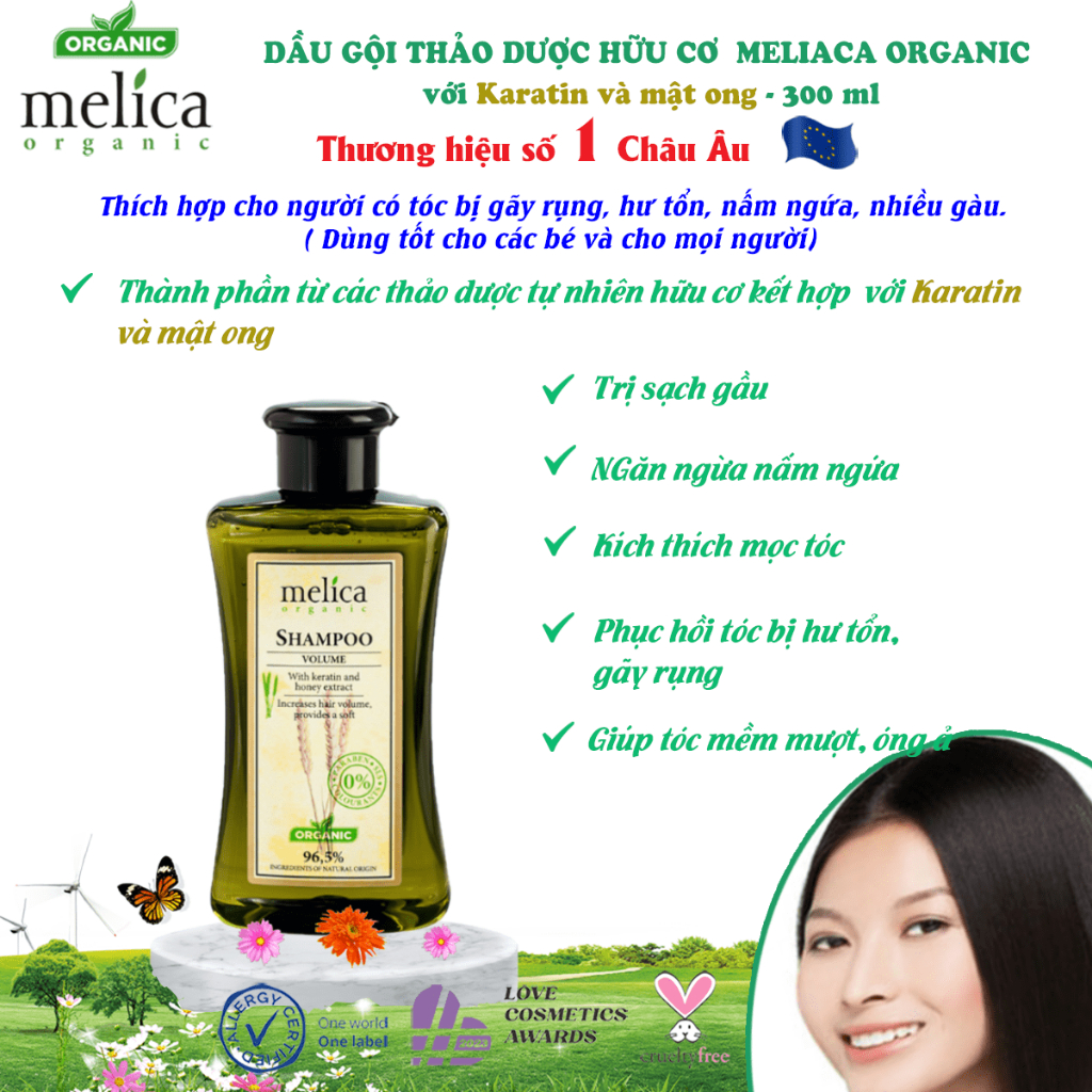 Dầu gội thảo dược hữu cơ ngừa rụng tóc, kích thích mọc móc Melica Organic 300ml Keratin và Protein thủy phân