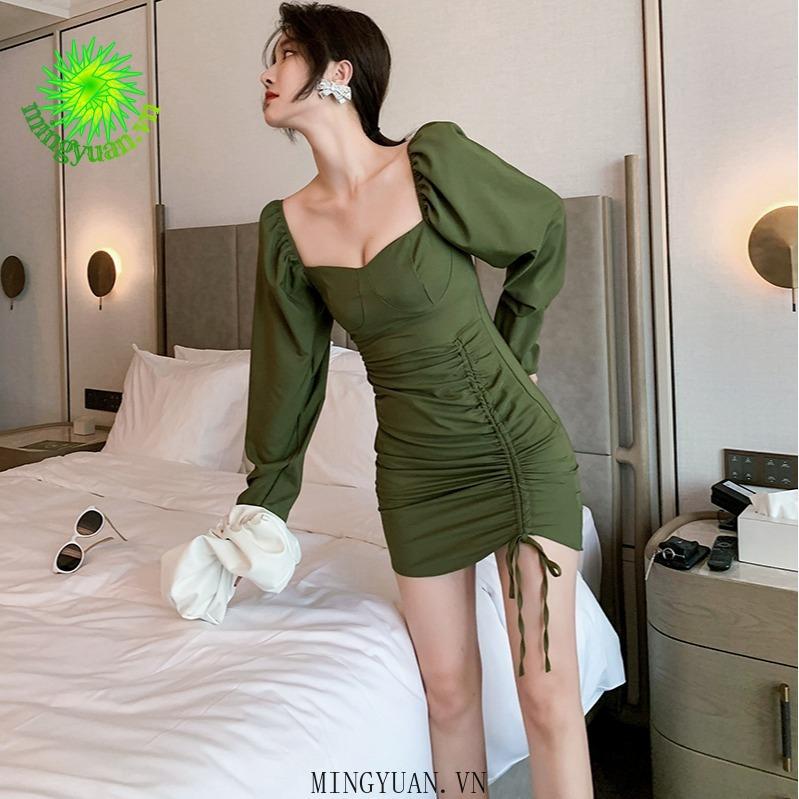 Đầm Nữ Dài Tay Cổ Vuông Hở Lưng Thời Trang