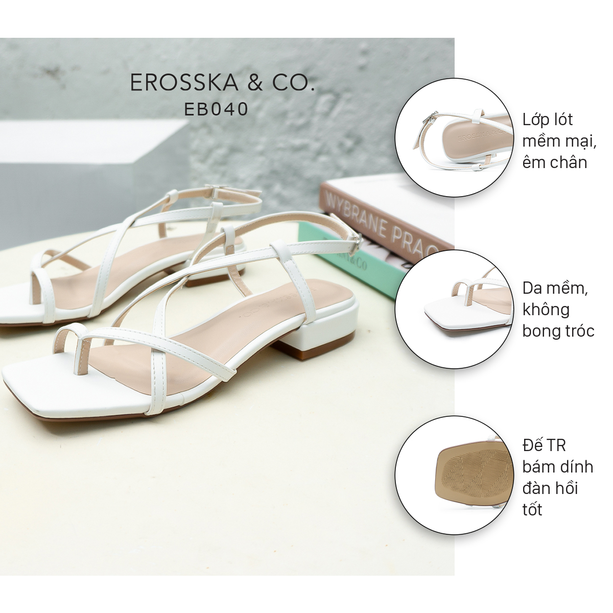 Erosska - Giày sandal cao gót quai mảnh mũi vuông cao 2,5cm EB040