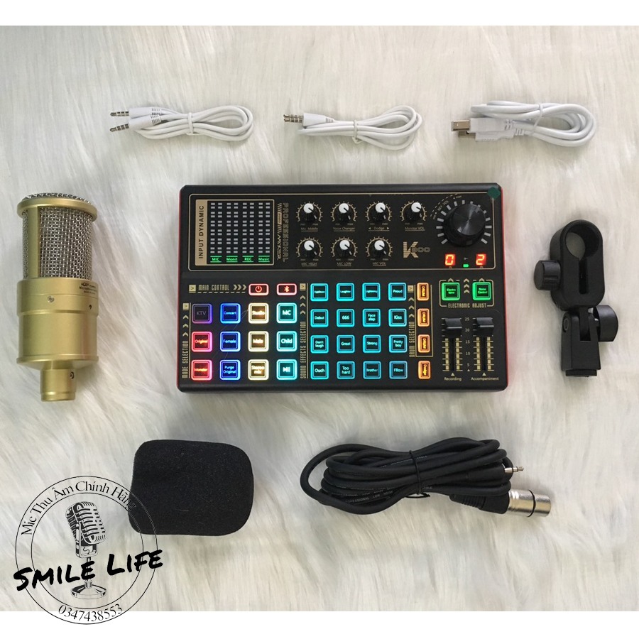 Combo Thu Âm Livestream Mic AQ220 Sound Card K300 Bluetooth autotune Chân Kẹp Mic Tai nghe chụp