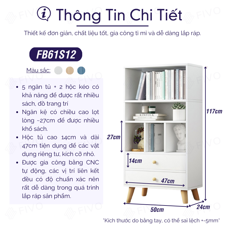 Tủ Kệ Sách Trang Trí FIVO Mã FB61 Nội Thất Lắp Ráp Đơn Giản, Thiết Kế Nhiều Ngăn Và Hộc Tủ Mở Rộng Diện tích Đựng Đồ (Màu Trắng)