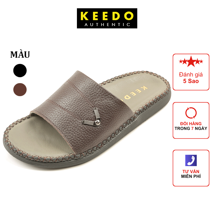 Dép nam đế may sẵn da thật quai ngang cao cấp KEEDO CU-081