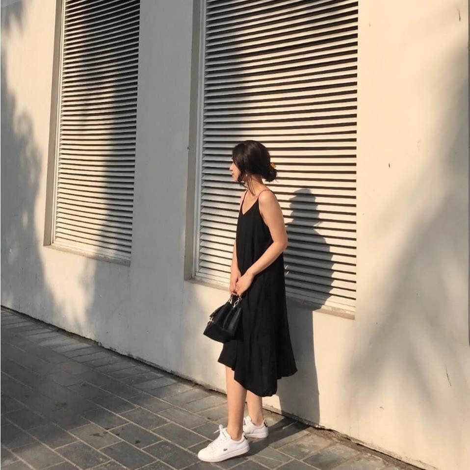 Đầm 2 dây dáng suông, Đầm đen hở lưng đi biển Cao Cấp cột nơ sau vải cotton mát mẻ, quyến rũ MiNhi