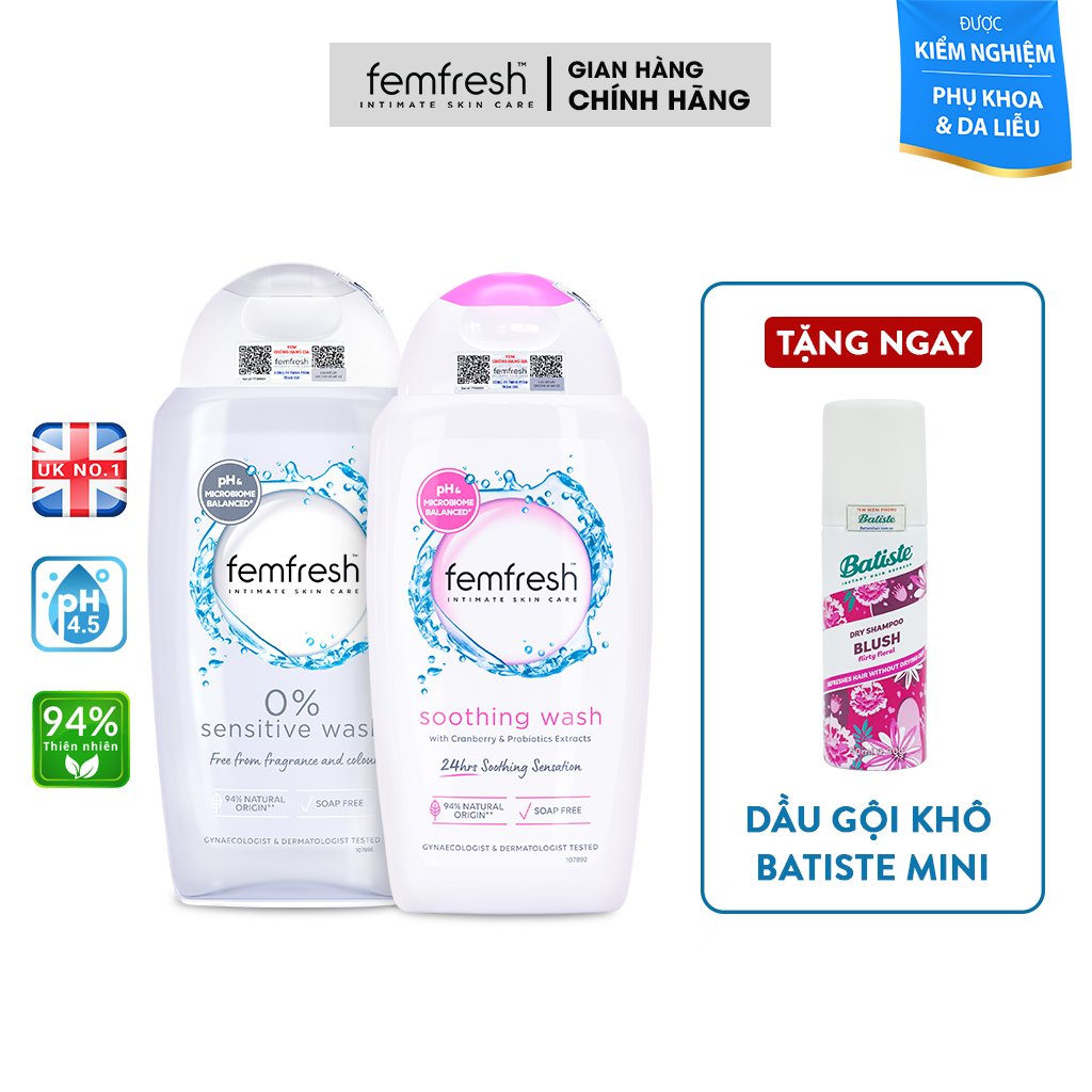 Mua Dung Dịch Vệ Sinh Phụ Nữ Femfresh Soothing Wash 250ml + Femfresh 0% Sensitive Intimate Wash 250ml Dành Cho Da Nhạy Cảm - Quà Tặng Ngẫu Nhiên