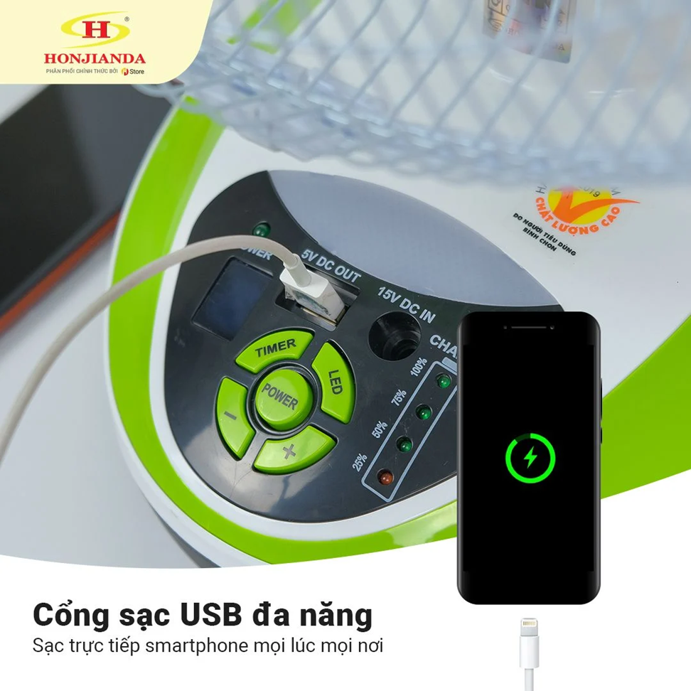 Quạt Tích Điện AC&amp;DC Honjianda HJD-FL316 Có Đèn LED - Hàng Chính Hãng