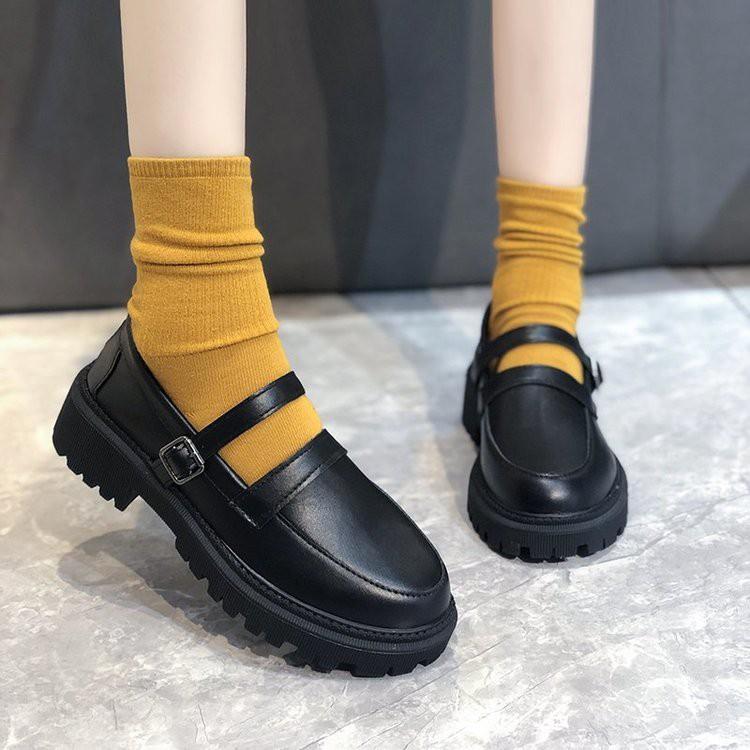 Giày búp bê nữ hàn quốc mũi tròn gót trung có dây khóa