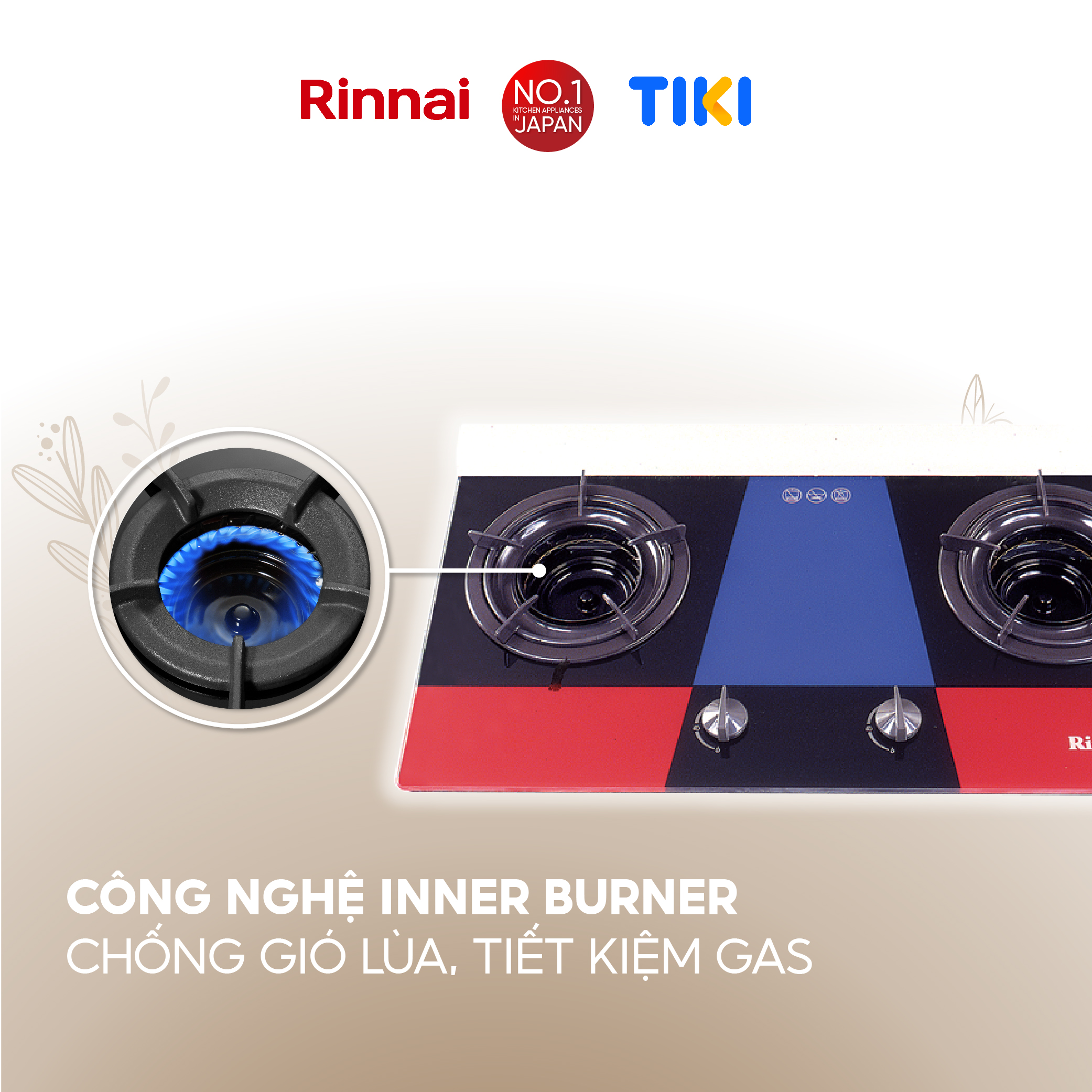 Bếp gas âm đầu đốt trong Rinnai RVB-2Gi(MC) mặt bếp kính và kiềng bếp men - Hàng chính hãng