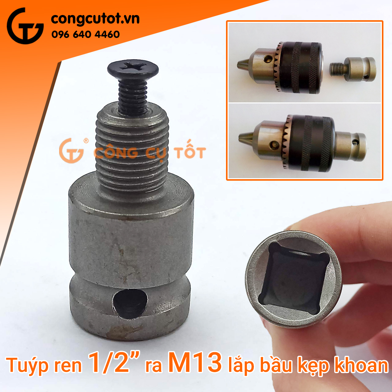 Tuýp mũi ren 1/2 ra M13 để lắp bầu kẹp mũi khoan cho đầu bắn ốc