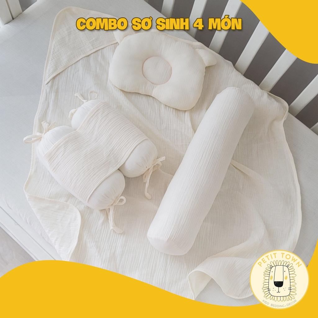 Gối Sơ Sinh, Combo Đồ Sơ Sinh, 4 Món, Đồ Cho Trẻ Sơ Sinh, Xô Muslin 100% Cotton, Handmade, Màu Trắng Kem