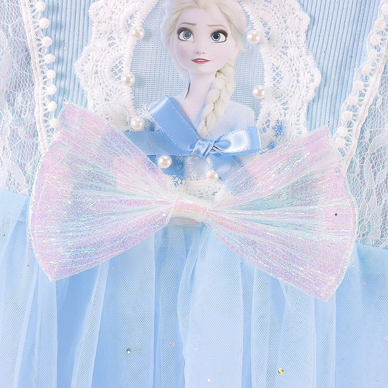 Váy công chúa bé gái 2-7 tuổi cộc tay phối ren hình elsa đính nơ, Đầm dự tiệc cho bé điệu đà đáng yêu