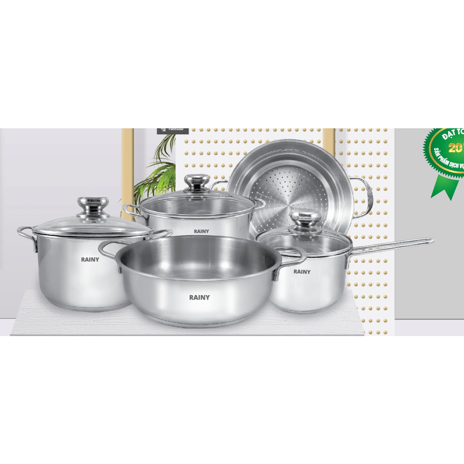 Bộ 5 nồi xửng inox 3 đáy Rainy RN-09TTK (Nắp kính)- Hàng chính hãng