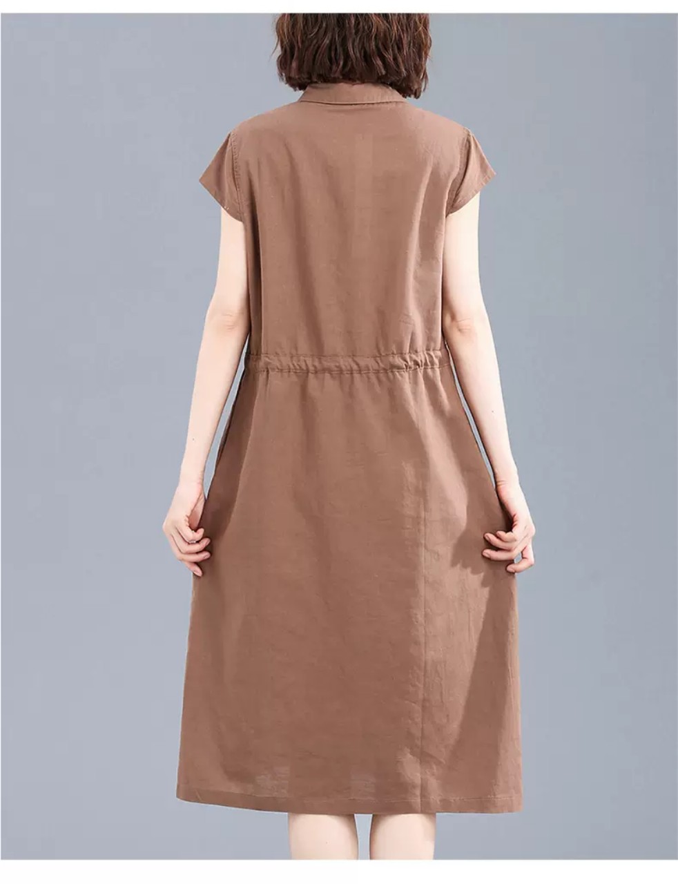 Đầm váy linen nữ cổ sơ mi tay ngắn, kèm dây rút eo phù hợp mặc nơi công sở, đi chơi thời trang Đũi Việt