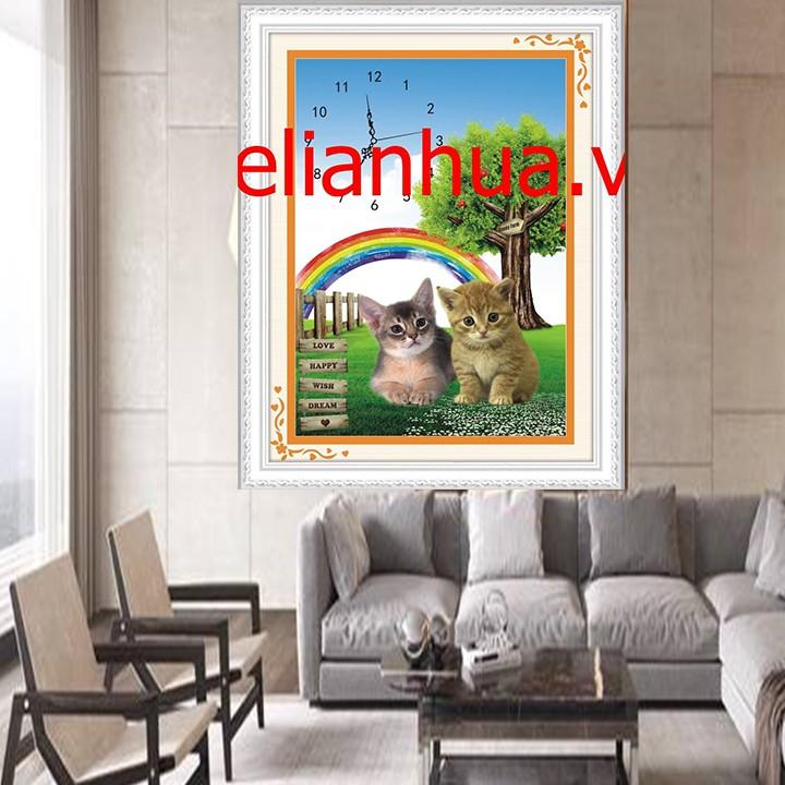Tranh thêu đôi mèo cầu vòng đồng hồ A993 - kích thước: 37 * 48cm.