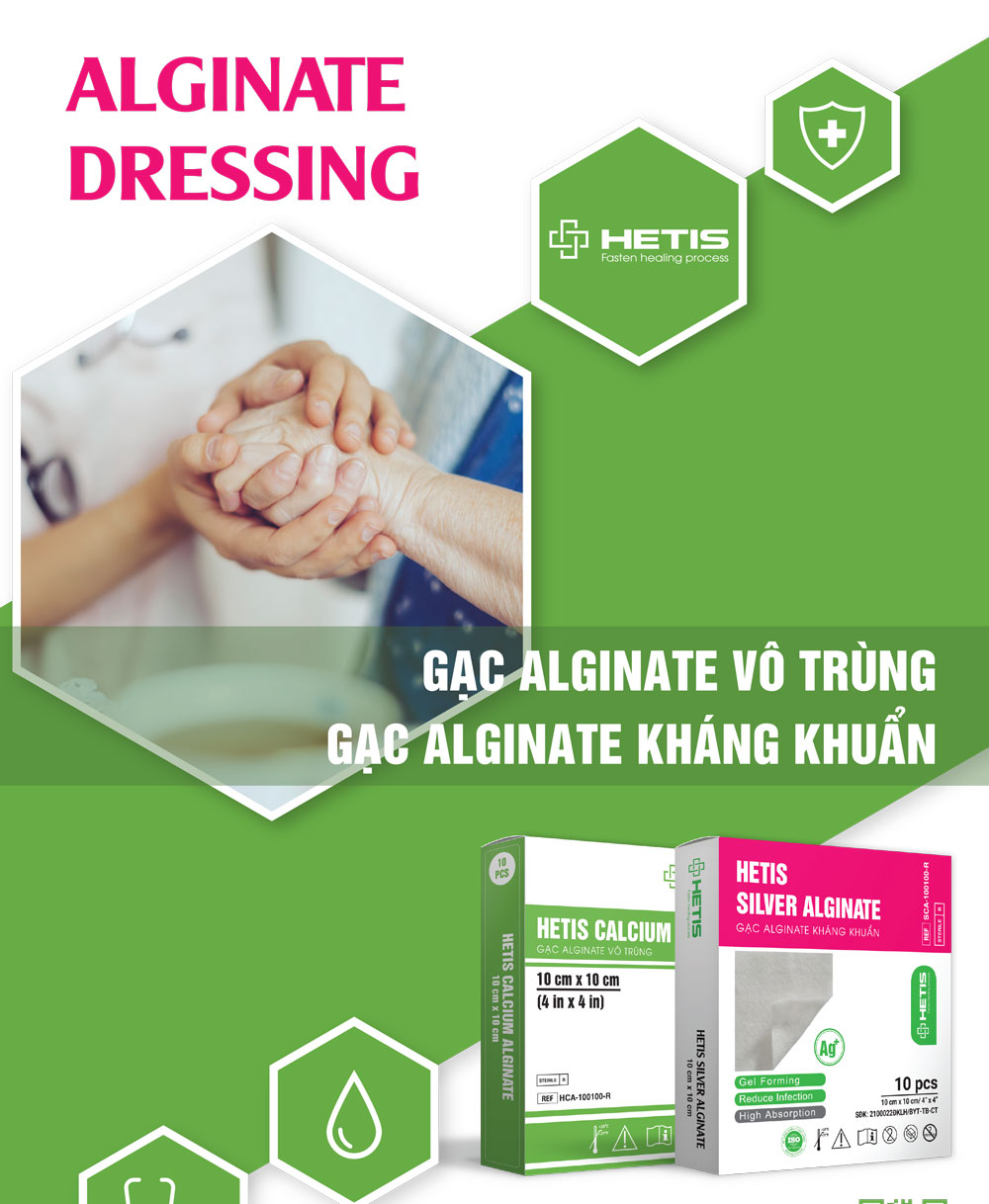 Gạc vết thương Hetis Calcium Alginate vô trùng chiết xuất rong biển - Dành cho vết loét, hút dịch cầm máu tốt, hỗ trợ liền thương nhanh