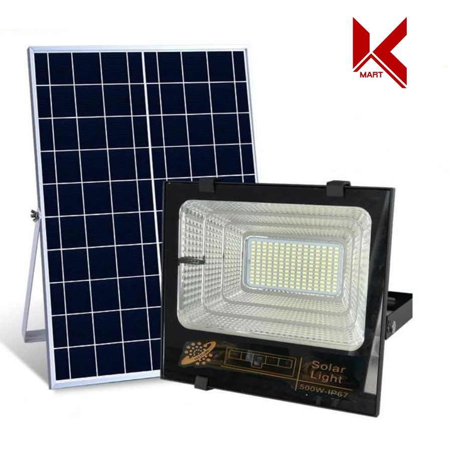 Bộ đèn LED năng lượng mặt trời Solar Light 500W IP67 chất lượng cao, có cảm biến tự động, dải led báo pin, tích hợp điều khiển từ xa -K-Mart