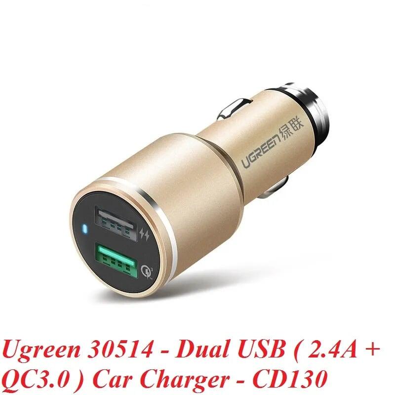 Ugreen UG30514CD130TK 48W màu Vàng Bộ sạc ô tô 2 cổng USB 2.4A + QC 3.0 - HÀNG CHÍNH HÃNG