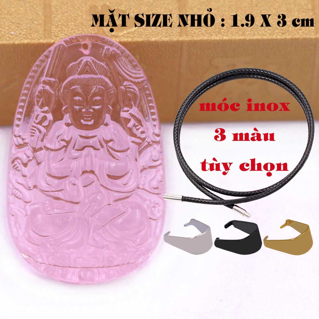 Mặt Phật Quan âm nghìn tay nghìn mắt pha lê hồng 1.9cm x 3cm  kèm vòng cổ dây cao su đen + móc inox vàng, Mặt Phật Quan âm