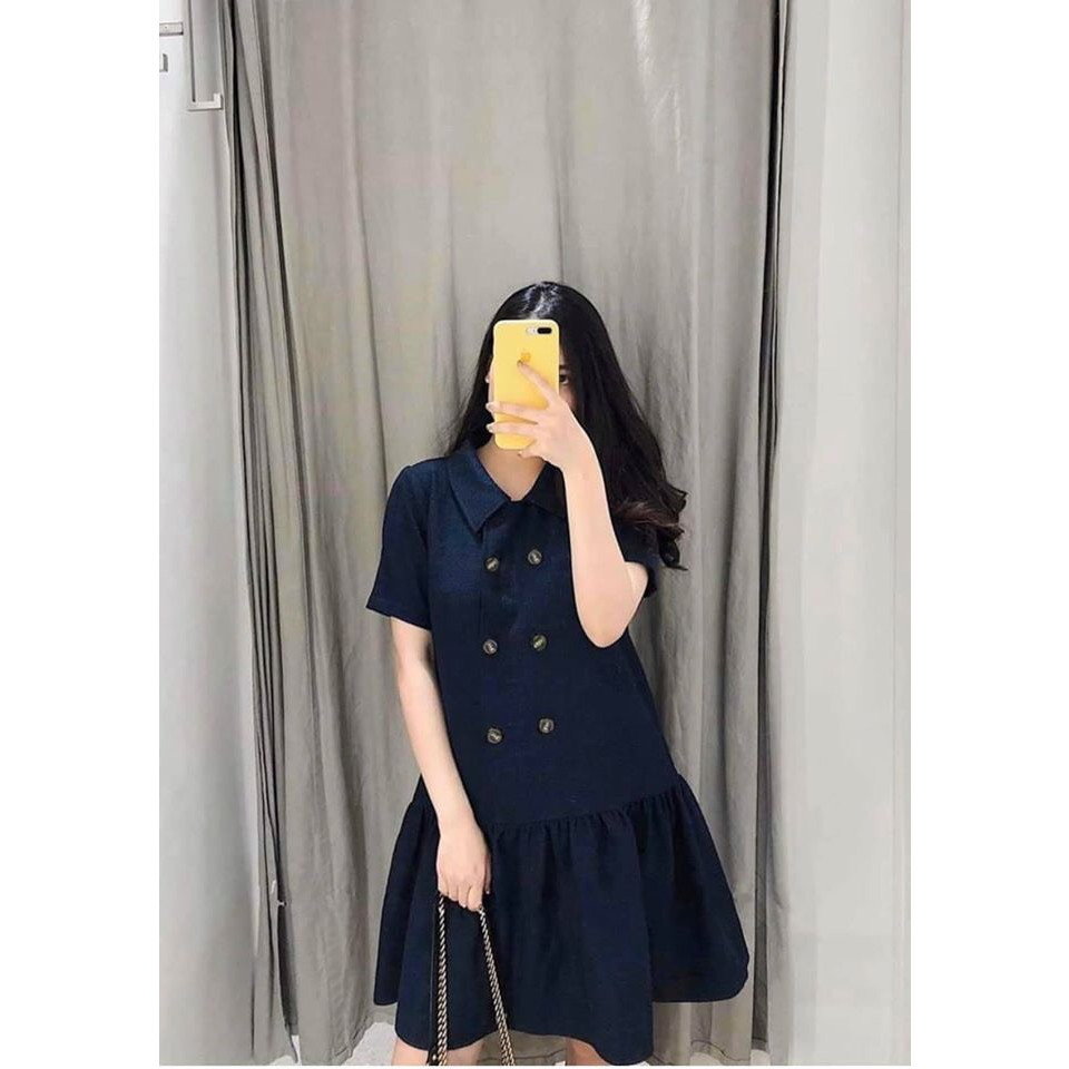 Váy bầu xanh than đuôi cá phối khuy giả