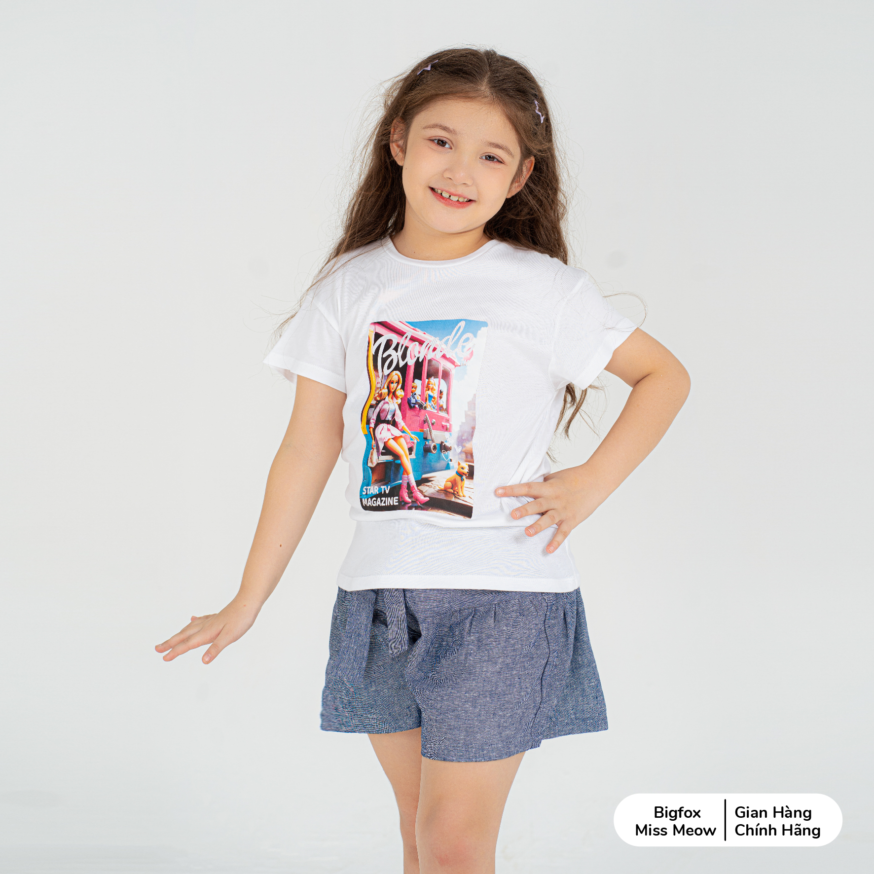 Áo hè cho bé gái Bigfox Miss Meow chất cotton size đại kiểu cộc tay in búp bê style Hàn cỡ 3,9,10,11 tuổi 30kg 40kg 1969