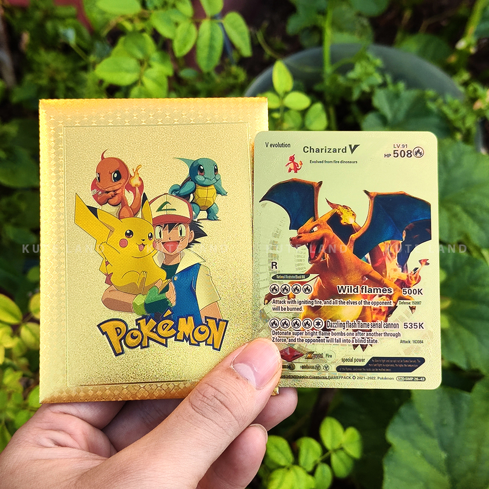 Bộ 10/55 thẻ bài Pokemon kim loại mạ vàng kim bạc đen chống nước chống bẻ cong Vmax GX chơi đối kháng