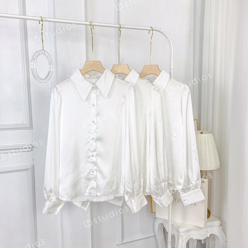 Áo Sơ Mi Nữ Lụa Trắng Áo Dài Tay Công Sở Tay Bồng Cổ Bẻ