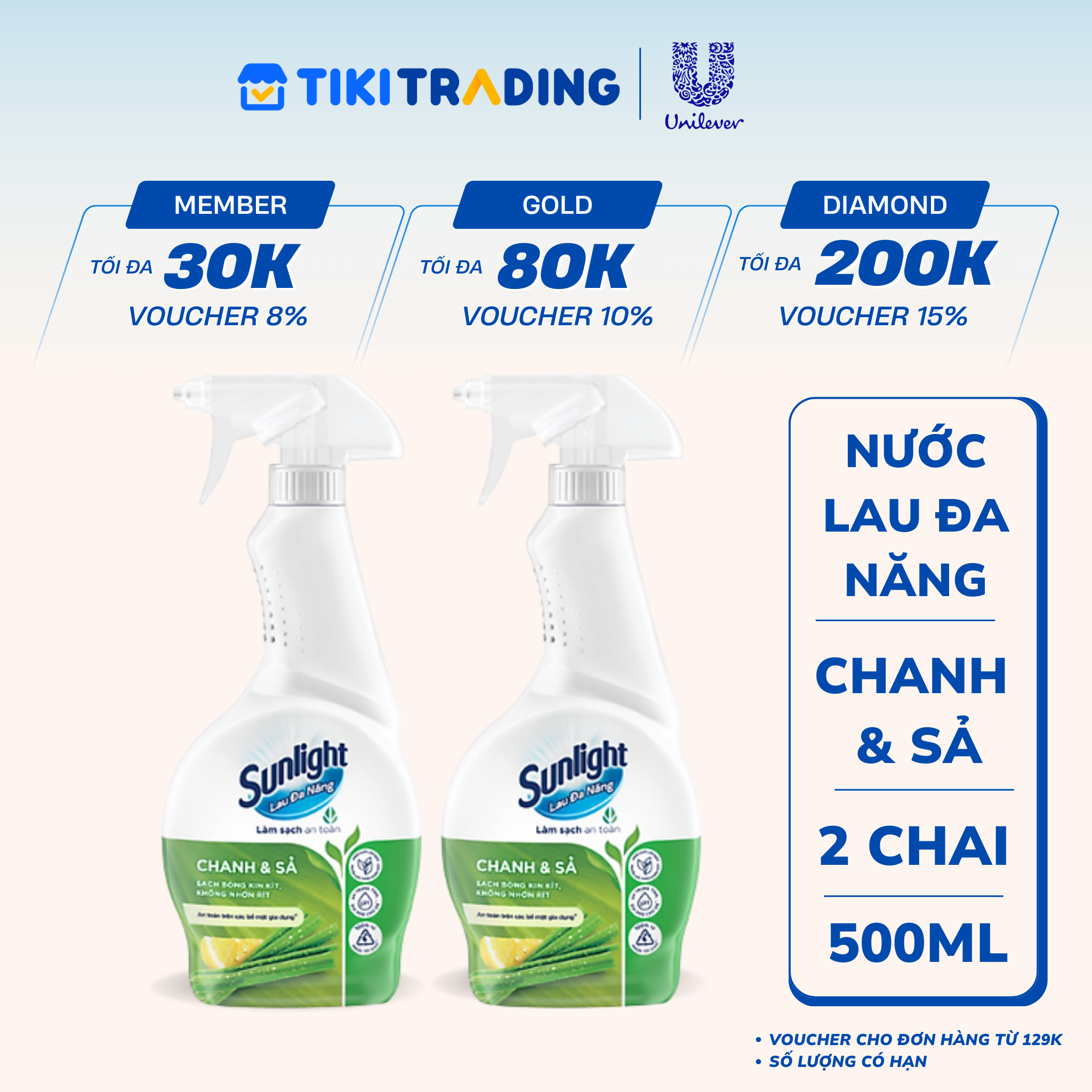 Combo 2 Chai Nước Lau Đa Năng Sunlight Chanh &amp; Sả Phiên Bản Nâng Cấp Từ Cif Sạch Bóng Kin Kít, Không Nhờn Rít Chai 500ML