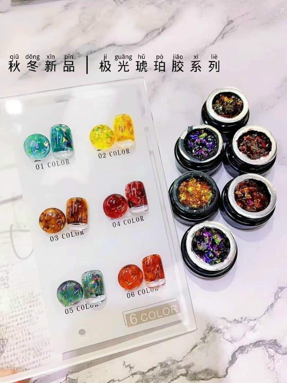 Gel nhũ khổng tước Huaxi 6 màu trang trí móng theo phong cách Hàn Nhật – Gel nhũ hổ phách Huaxi rất đẹp