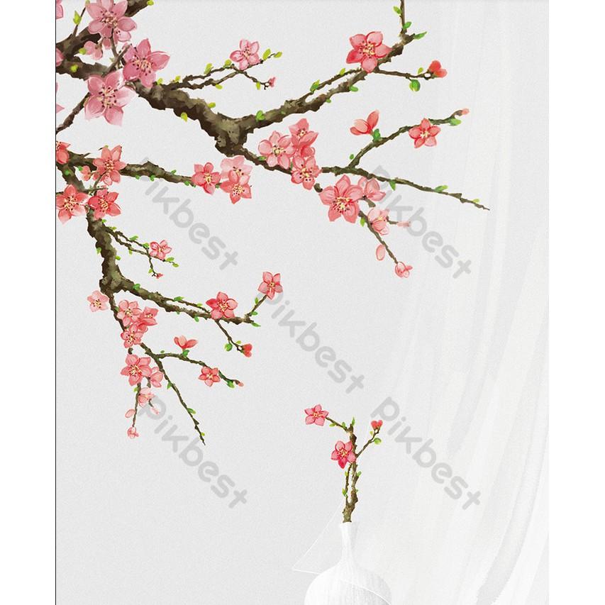Tranh dán tường Tranh bình hoa đào vẽ tay phong phú, tranh dán tường 3d hiện đại MS1268072