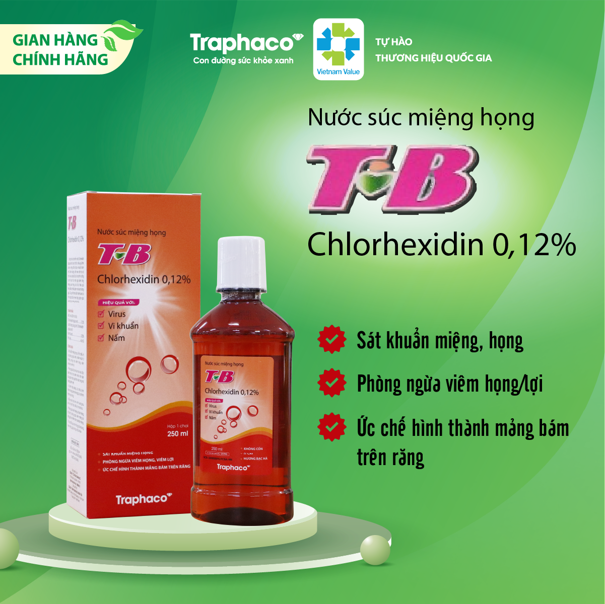 Nước súc miệng TB CHLORHEXIDIN 0.12% hiệu quả với vius, vi khuẩn, nấm chai 250ml