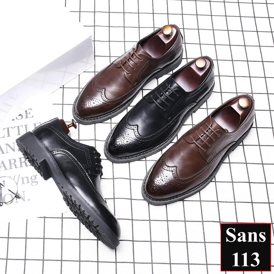 Giày oxford nam da bò thật cao cấp Sans113 giầy tây công sở đen mũi tròn âu buộc dây chú rể cưới brogue derby wingtip