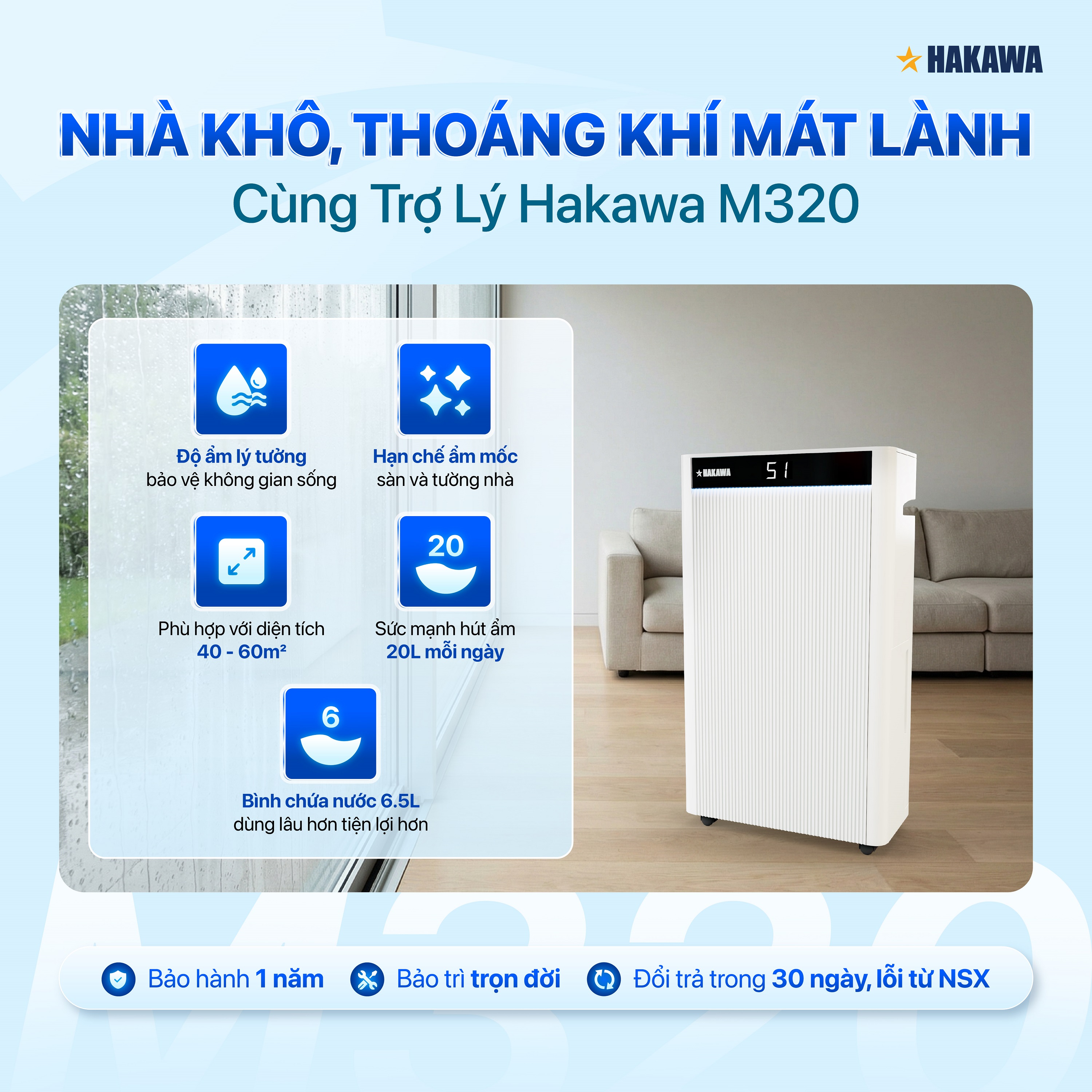 Máy hút ẩm Airdog Hakawa M320 Công Nghệ Khí Nén – Hút Nhanh, Giảm Ẩm Nồm, Dùng Cho Phòng 60m² - Hàng Chính Hãng