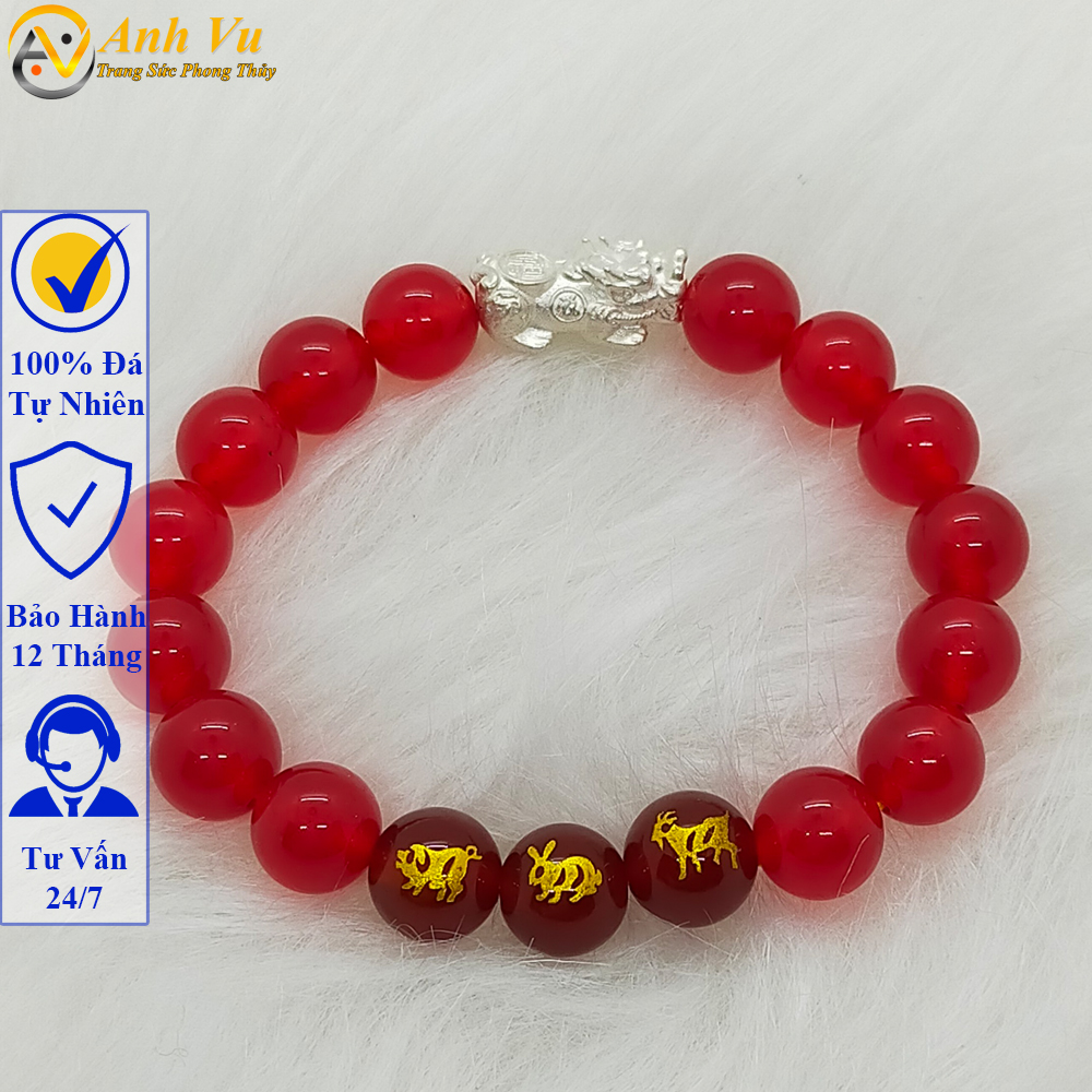 Vòng tay tỳ hưu tam hợp hợi mão mùi - chất liệu mã não đỏ tự nhiên - size 8 10 12ly cho người mệnh thổ, mệnh hỏa - có khai quang điểm nhãn may mắn tài lộc - bảo hành 12 tháng - PHONG THỦY ANH VŨ
