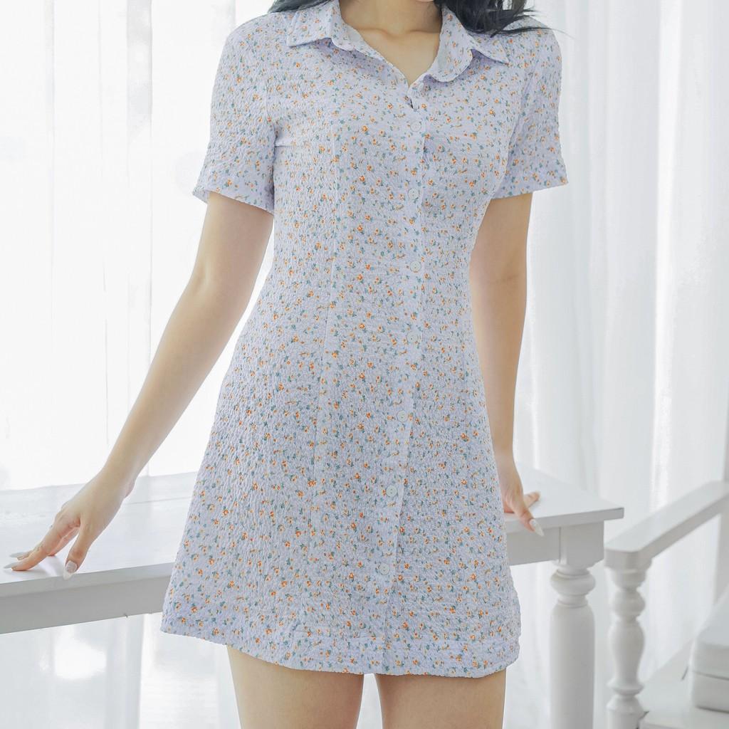 Váy sơ mi nữ cài khuy tay ngắn thắt eo dáng xòe hoa nhí màu baby blue chất thô xốp mềm mát