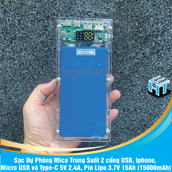 Sạc Dự Phòng Mica Trong Suốt 2 cổng USB, Ip, Micro USB và Type-C 5V 2.4A, Pin Lipo 3.7V 15Ah