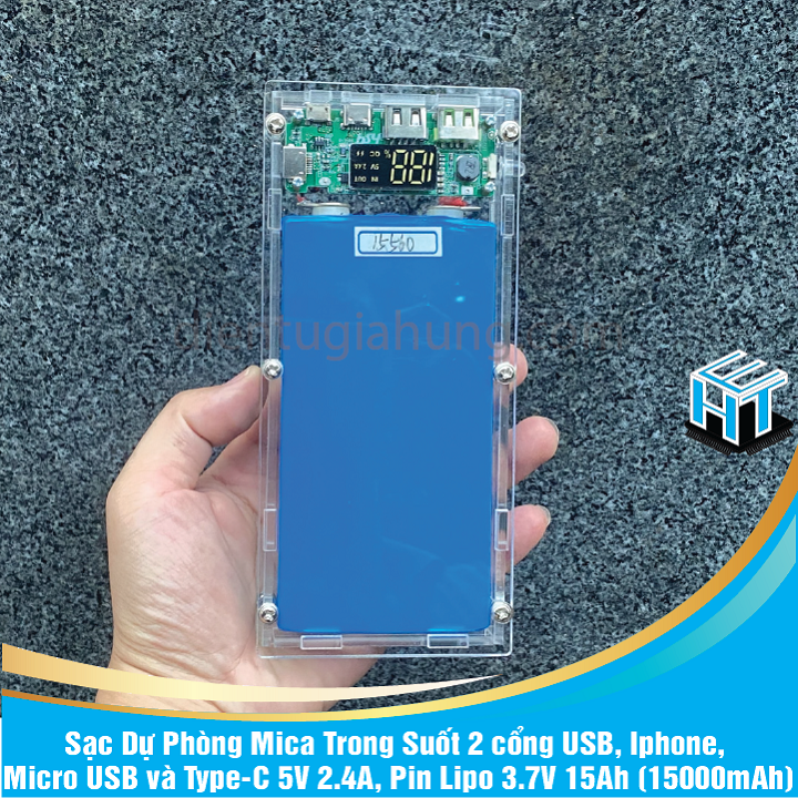 Sạc Dự Phòng Mica Trong Suốt 2 cổng USB, Ip, Micro USB và Type-C 5V 2.4A, Pin Lipo 3.7V 15Ah (15000mAh)