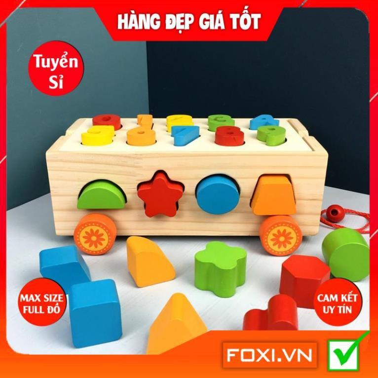 Đồ Chơi Gỗ-Xe Kéo Thả Hình Khối Foxi Kết Hợp Đán-Chữ Số-Bảng Phân Loại Hình Khối Cho Bé học tập