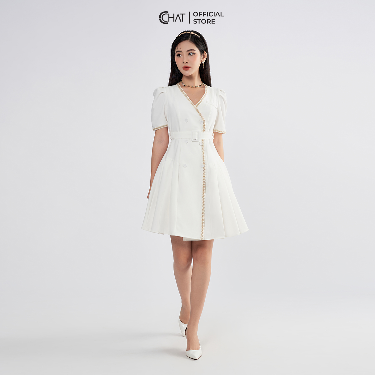 Đầm Nữ  Kiểu Cổ V Đè Dây Thân Trước Dáng Xòe Chất Tuytsi Cao Cấp 62VNS2034XT